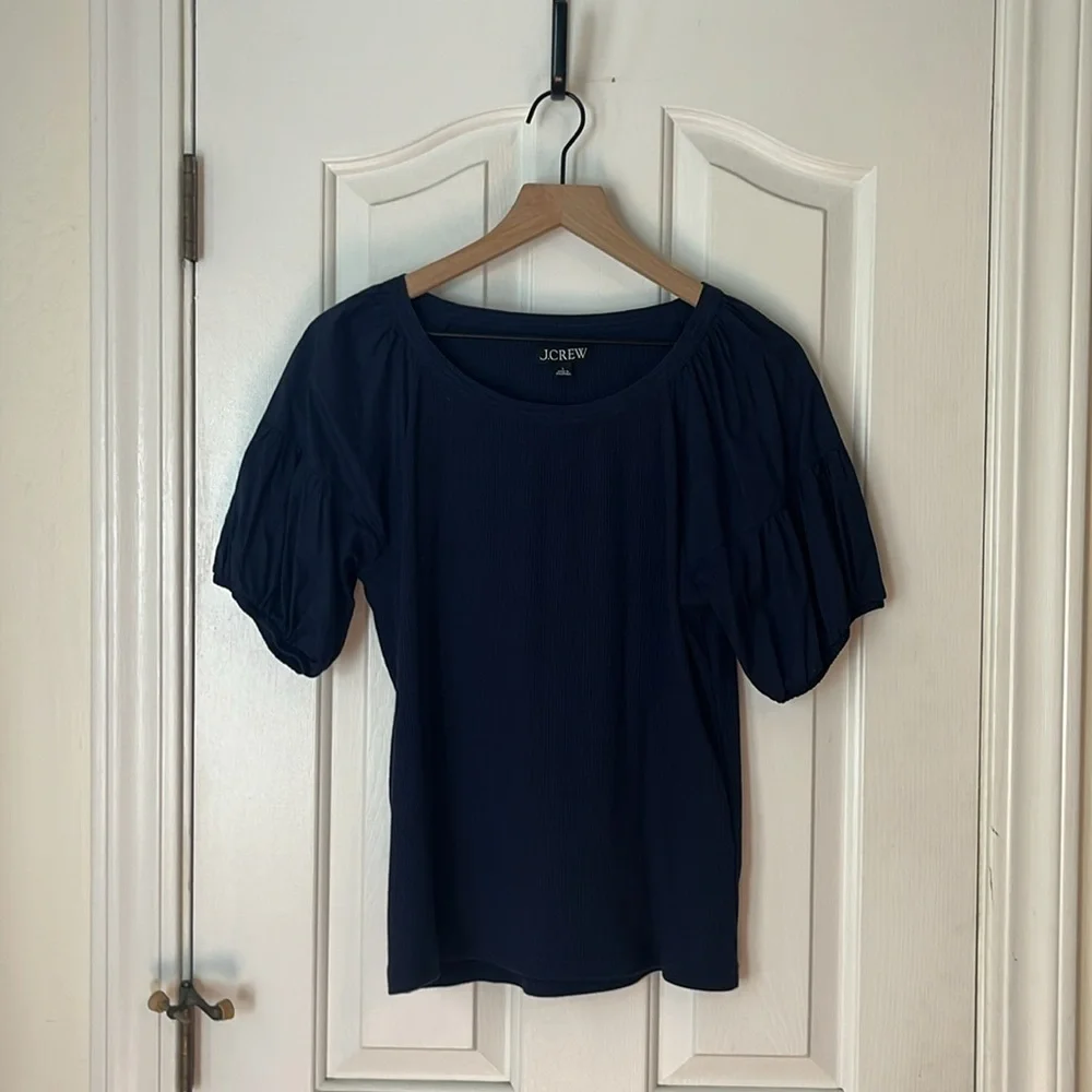 J.Crew | 2023 Vintage Rib Puff-Sleeve Top‎ Size Large Navy Blue BP085 Cotton